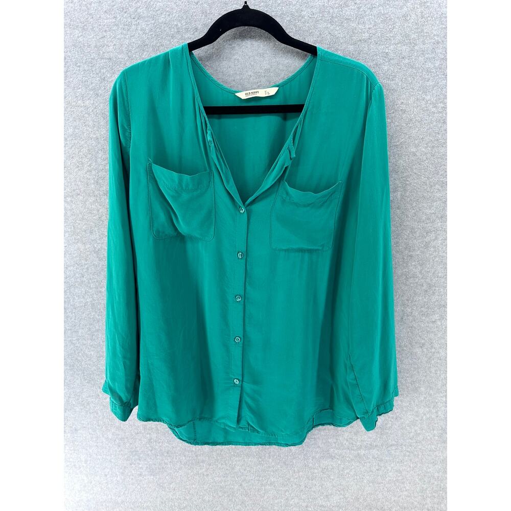 Old Navy Women's sz L Green  Button Down Blouse Adjustable Sleeve St. Pattys Day